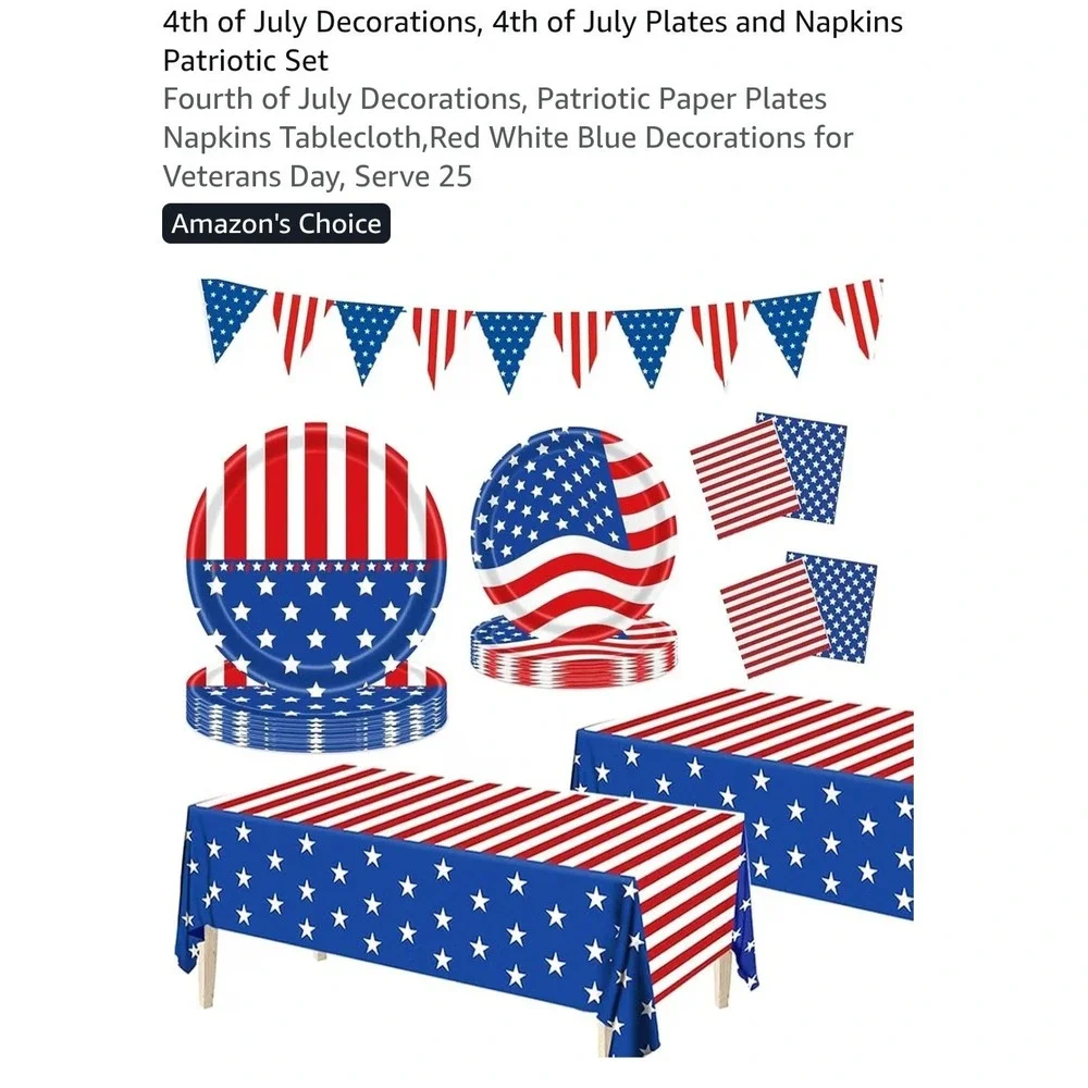 Patriotic 4th Of July Red White Blue Paper Plates Napkins Tablecloth Serve 25